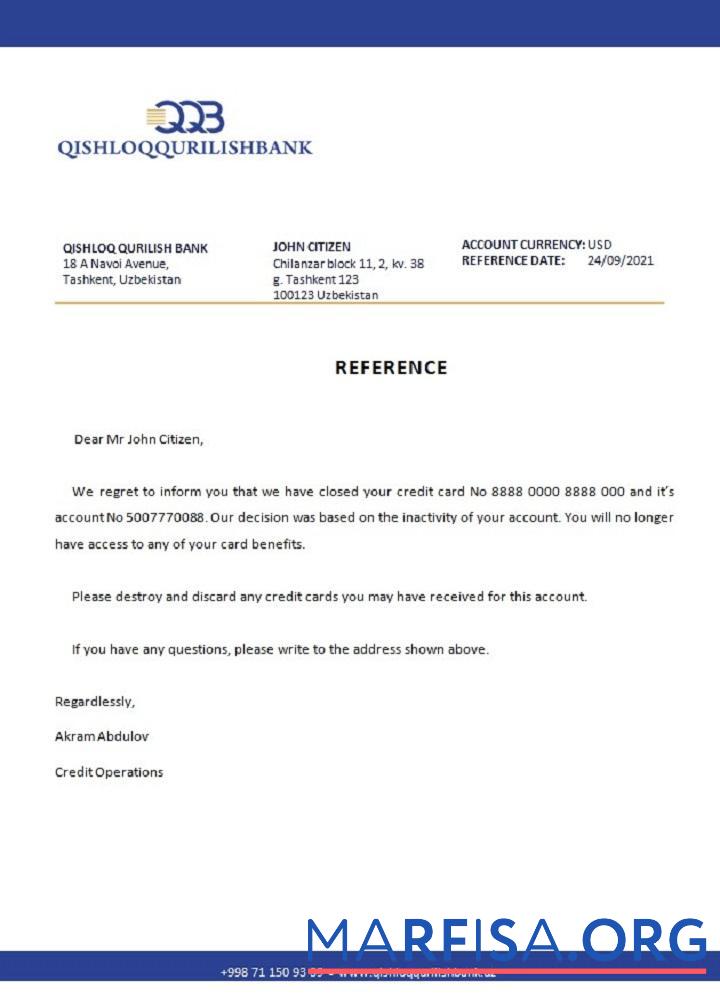 Blank Uzbekistan Qishloq Qurilish Bank closure reference example